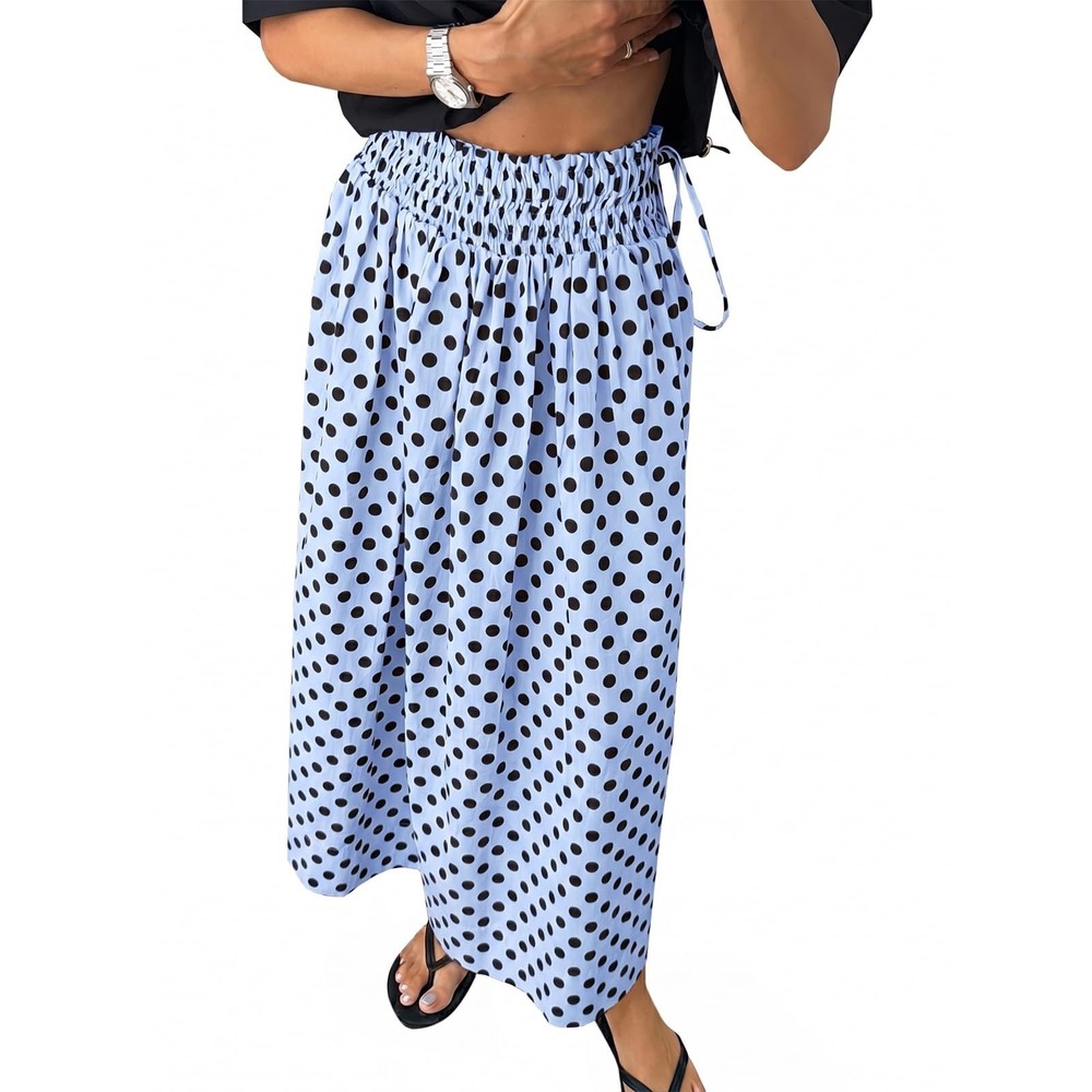 NWT Tankaneo Womens Polka Dot Maxi Skirt Boho Smocked High Waisted Tie Blue LG